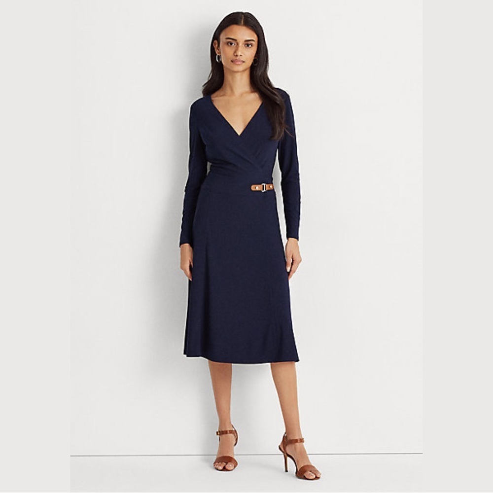 Lauren Ralph Lauren Navy Jersey Wrap Dress with Brown Leather Buckle, size 2